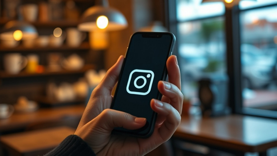 Hand holding smartphone with Instagram app, dim cafe.