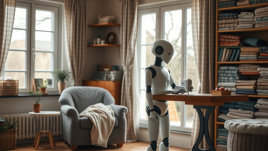 1X NEO humanoider Roboter standing next to a woman sewing by a window.
