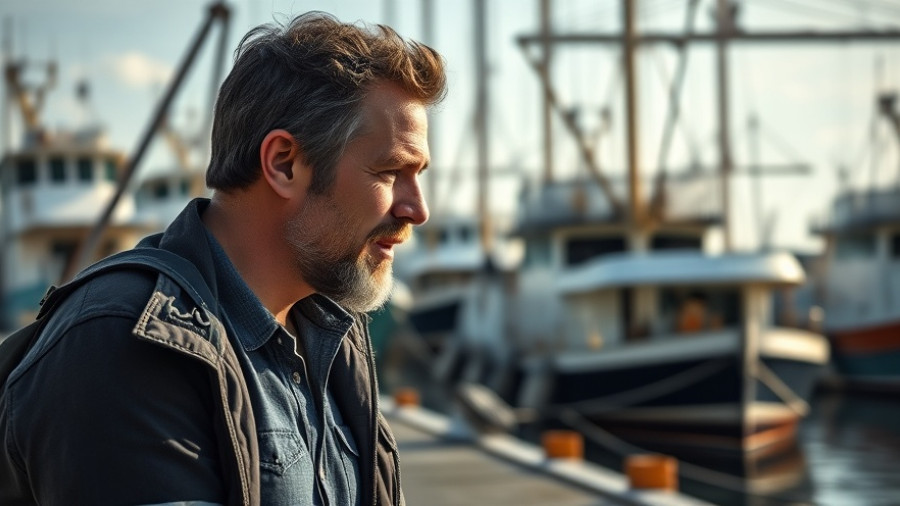 Man on dock discussing, moored boats behind, Jede Muschel zählt.