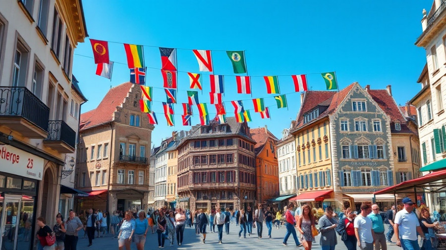 Bustling Bad Oldesloe street scene with colorful flags overhead