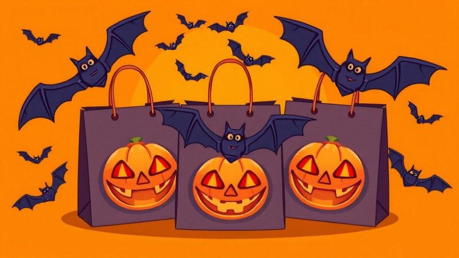 Halloween-themed shopping bags and bats on orange background for Halloween Umsatzprognose 2025.