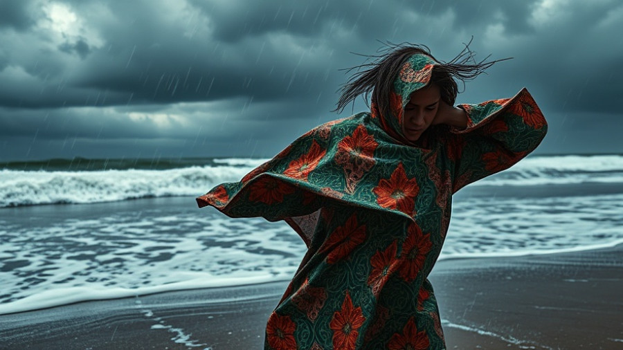 Hurrikan Melissa: Person braves storm, wrapped in colorful sheet.
