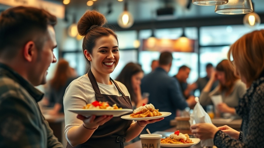 Waitress serves smiling customers in lively North German restaurant.