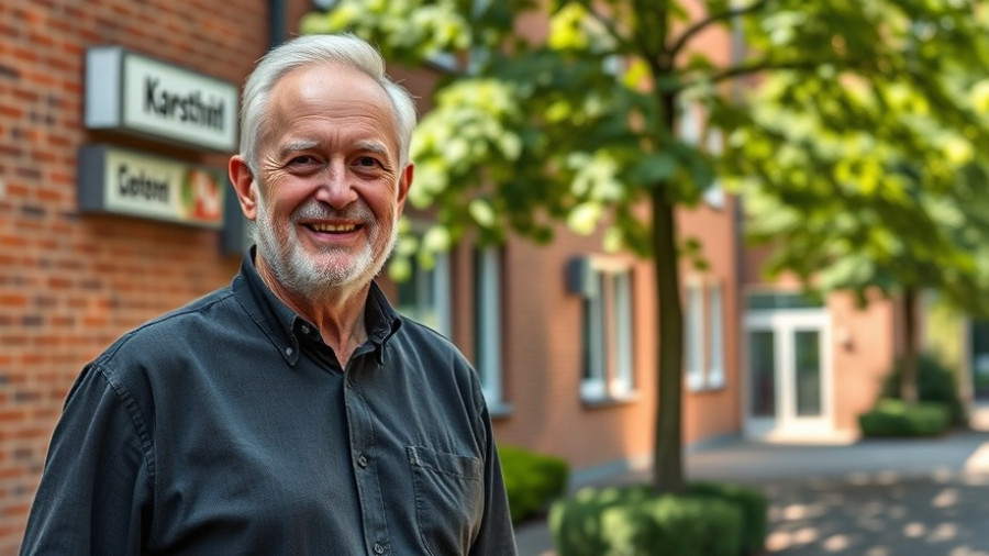 Older man smiling at Krankenhaus Geesthacht entrance.