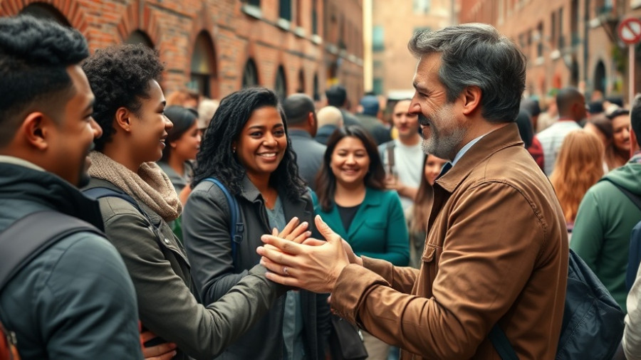 Diverse gathering in street, focus on two greeting, Rassismus Kampf gegen Rassismus.