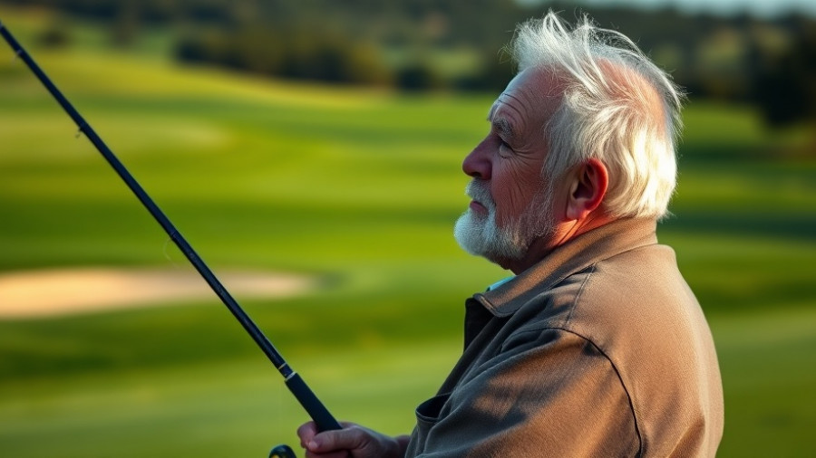 Elderly man fishing on a golf course greens, Hechtalarm auf dem Golfplatz.