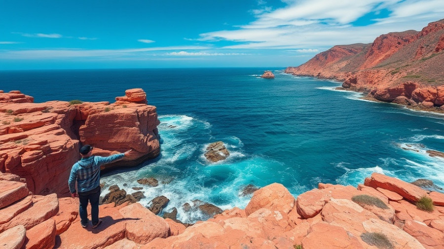 Scenic view of Rosa Granitküste Trégastel with person pointing.