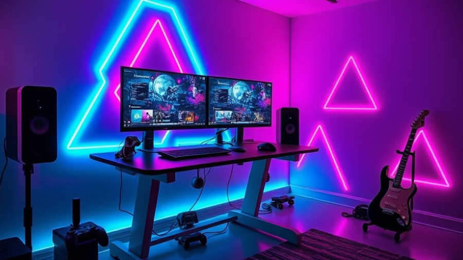 Sleek gaming setup with height-adjustable desk and LED lighting