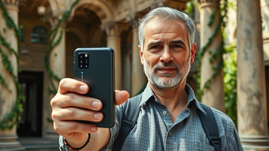 Vivo X300 Pro Kamera showcased by a man outside near stone pillars.