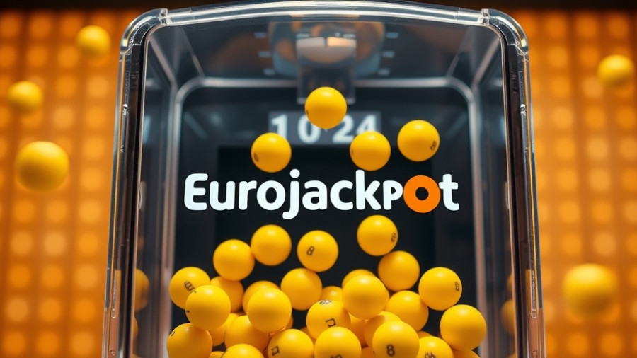 Eurojackpot lottery machine with yellow balls swirling.