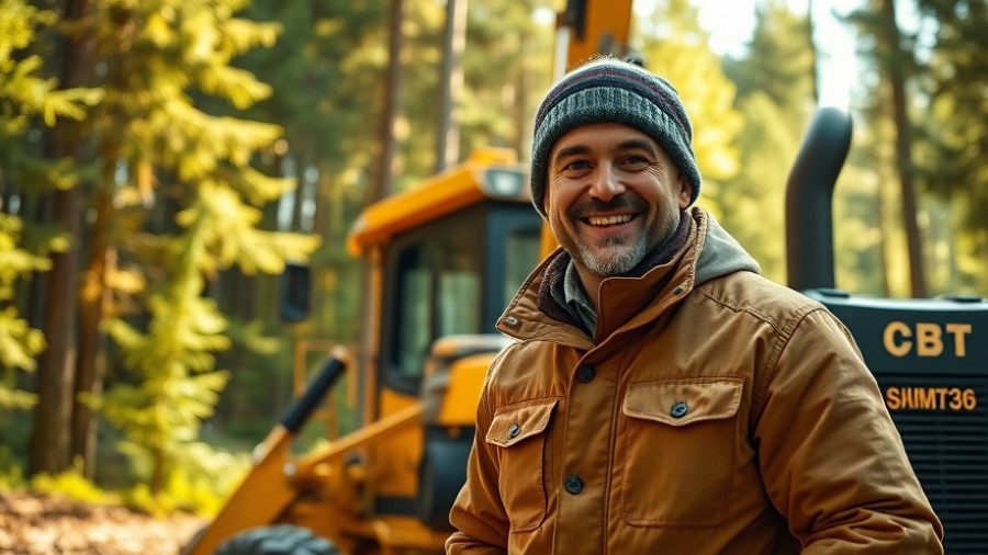 Cheerful man beside smart skidder in a vibrant forest, NDR logo.