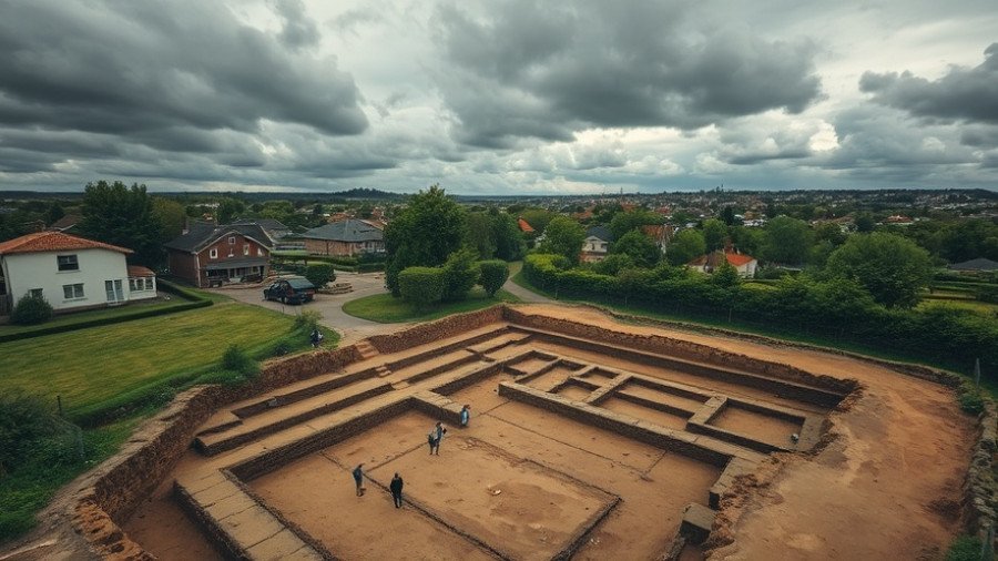 Römische Überreste in Kosel excavation site with workers and houses.