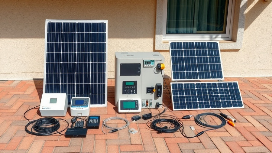 Balkonkraftwerk components displayed outdoors on brick pavement.