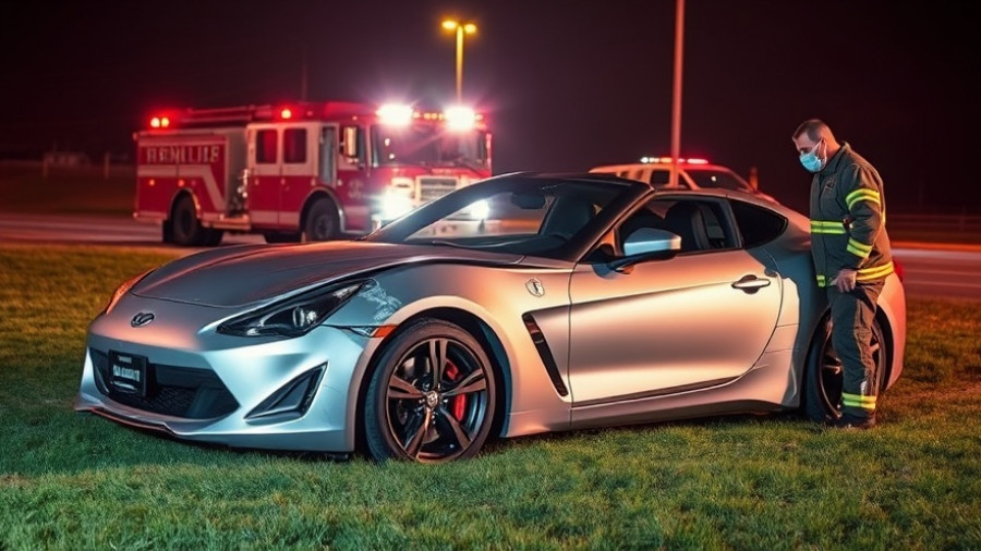 Unfall mit Sportwagen in Börnsen, damaged sports car at night with firefighter.