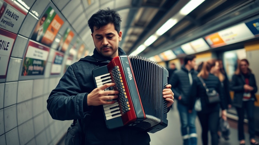 Street musician playing accordion in Elmshorn Bahnhof subway tunnel.