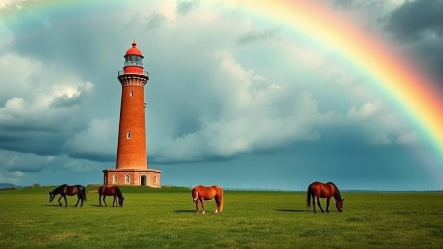 Majestic lighthouse and rainbow over green field near Geister-Flughafen Sylt.