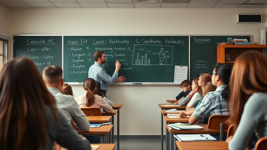 Teacher at chalkboard in a classroom, highlighting Lehrermangel Schleswig-Holstein.