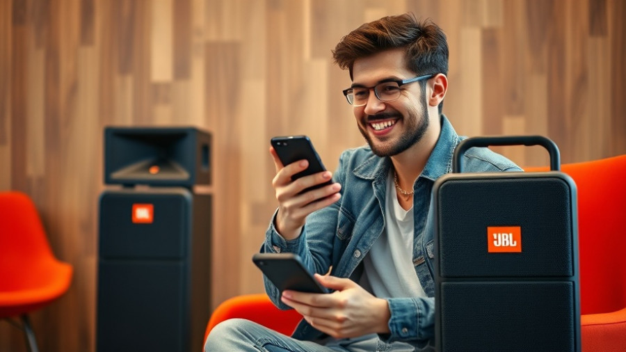 Young man testing JBL PartyBox 520 with smartphone, smiling indoors.
