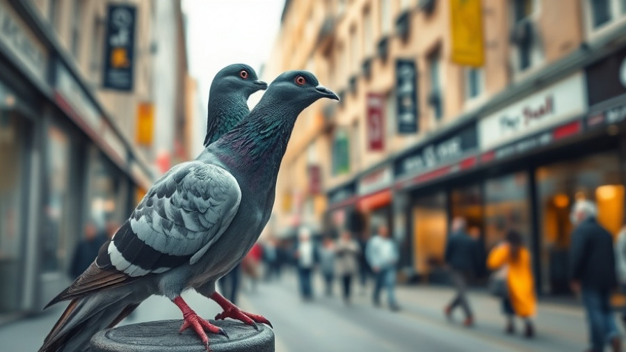 Pigeon in Hamburg cityscape with blurred background lights.