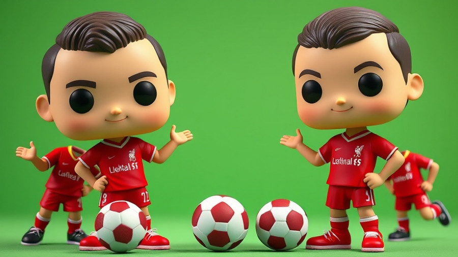 Funko Liverpool Figuren, two pop figures in Liverpool kits with soccer balls.