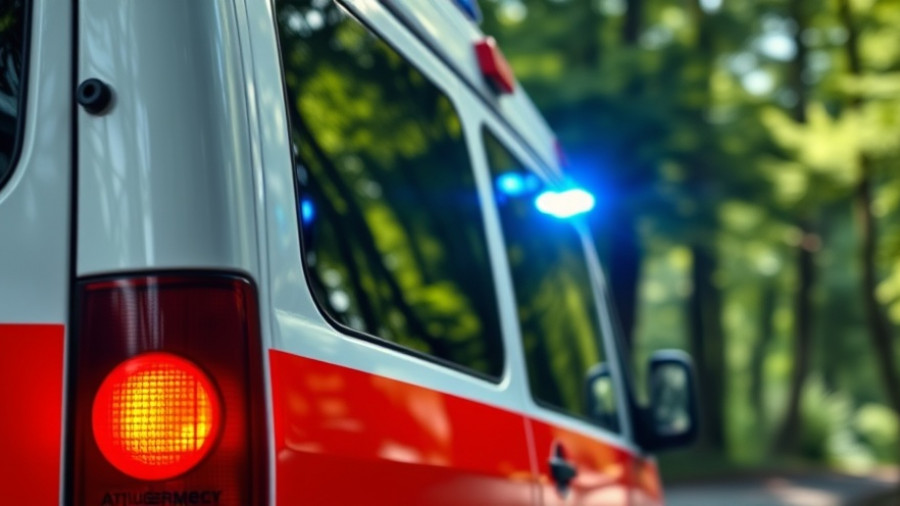 Ambulance with flashing lights representing 'Diebstahl von Kindernotfallrucksack'.