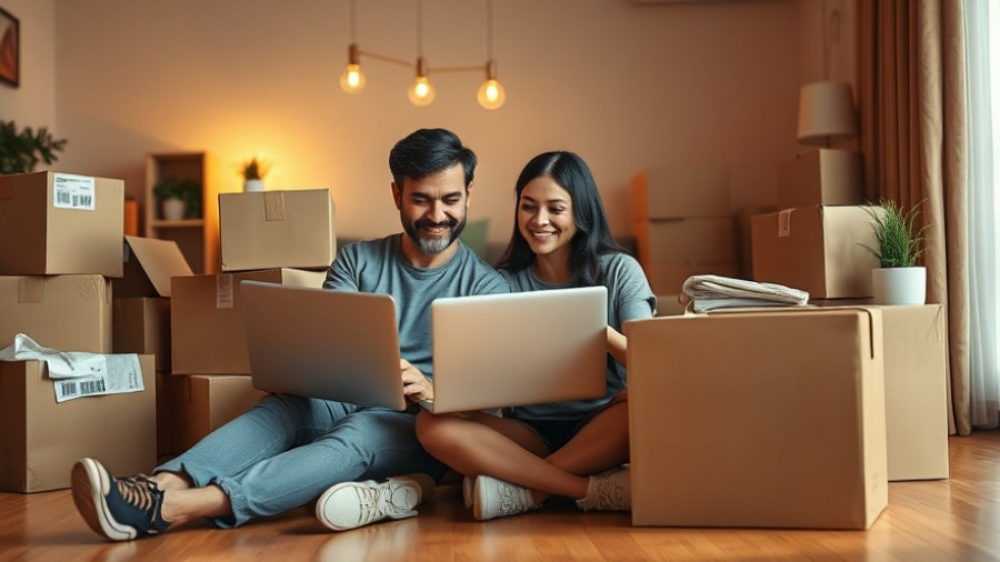 Couple using laptop with Tchibo MOBIL Homespot Tarif amidst moving boxes.