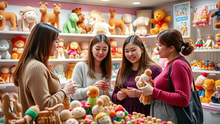 Women examining toys at Preshow Noël Jouets & Jeux exhibit, vibrant showcase.