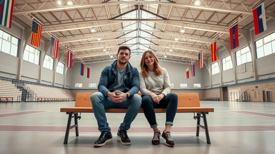 Indoor scene at Norderstedter SV facility with two people and flags.