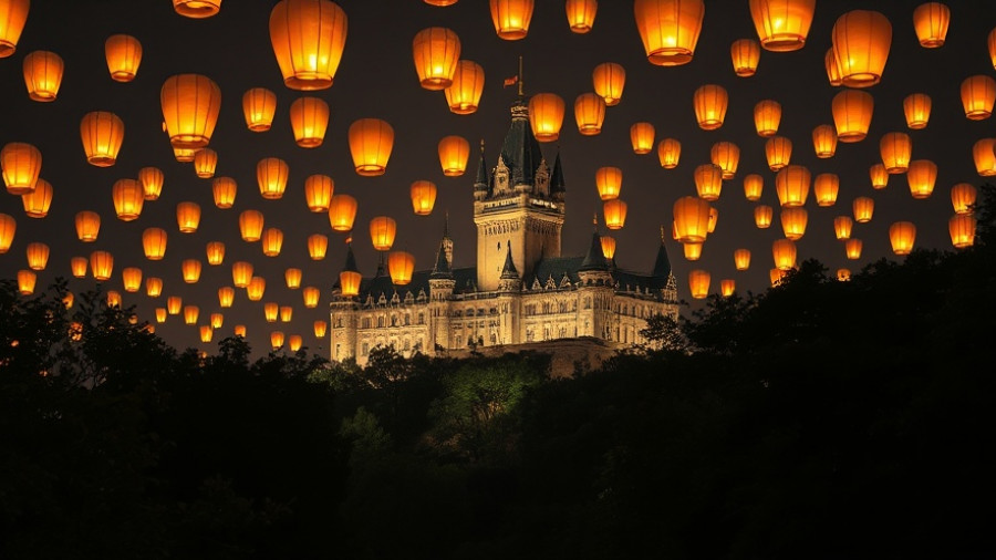 Laternenumzüge 2025 event with illuminated castle and sky lanterns.