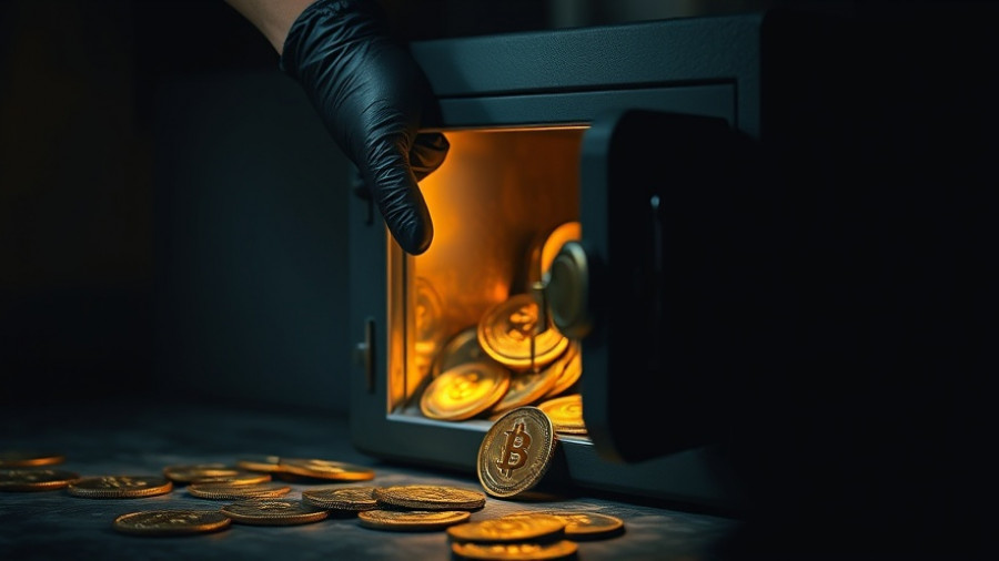 Krypto-Betrug visualized with bitcoins and a safe, emphasizing caution.