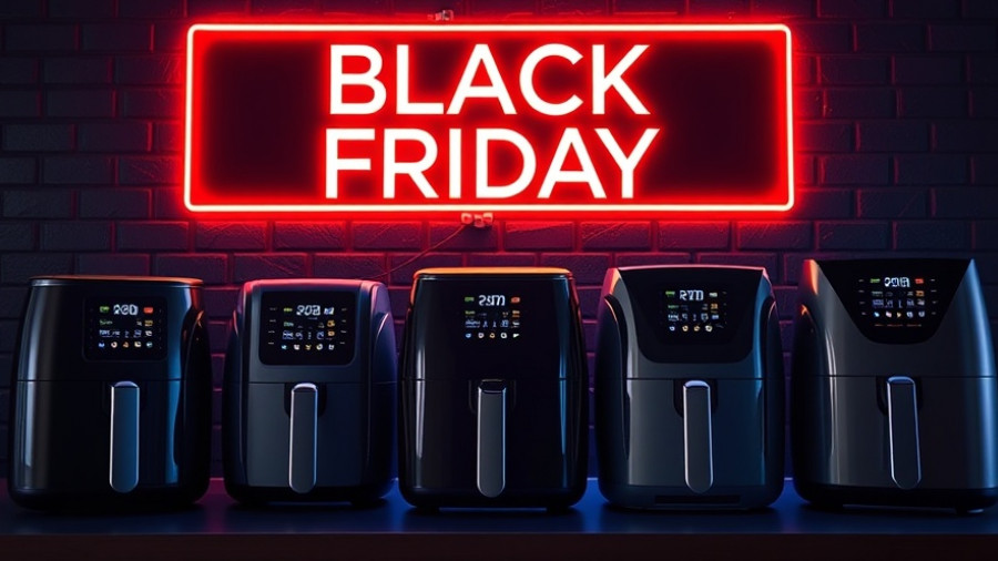 Black Friday Heißluftfritteusen collection under neon sign.