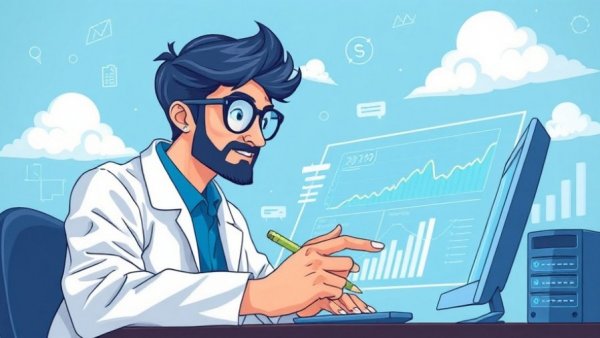 Data scientist analyzing charts with database icons, Zugang zu Forscherdaten unter dem DSA.