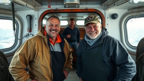 Cheerful fishermen aboard a vessel, Hochseefischen im Nordpolarmeer