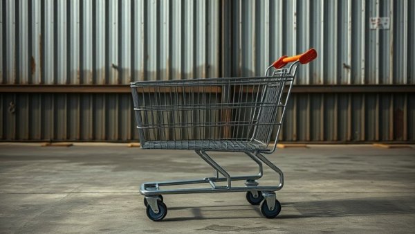 Konsumstimmung November 2025: Empty shopping cart by metal wall.
