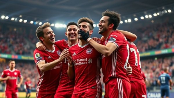 Bayern München players celebrating Champions-League win in crowded stadium.