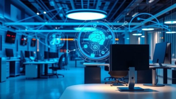 KI im Büro concept illustration with AI graphics and digital elements.