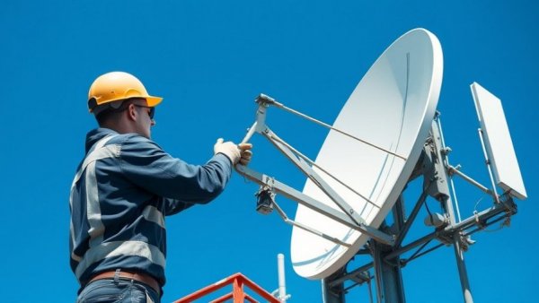 Technician adjusting satellite dish on telecom tower, critical infrastructure.