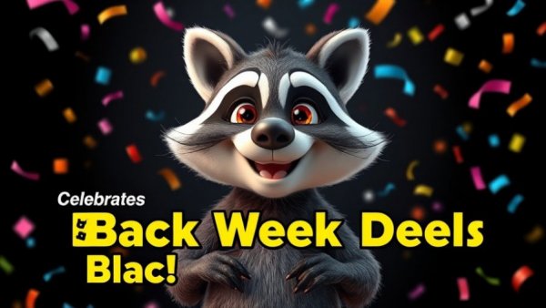 Joyful raccoon in 3D style celebrating Black Week SIMon mobile Datenvolumen.