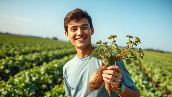 Kartoffeln die perfekte Knolle: Smiling man with potato plant in sunny field.