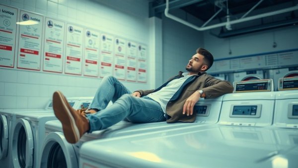 Casual man in laundromat pondering, relevant to Deutschlands Geldwäsche-Problem.