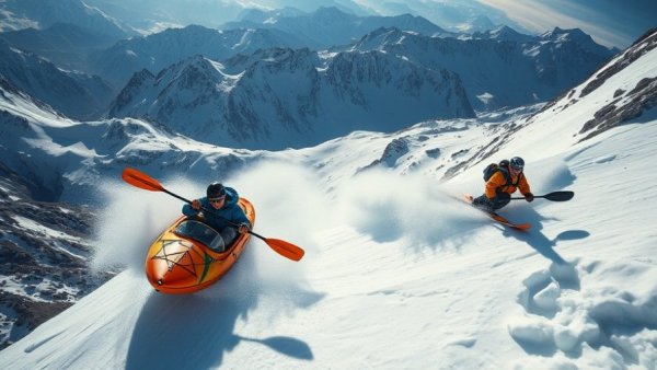 Die Vegerbrüder Extremsportler tackling a steep snowy slope with kayak and skis.