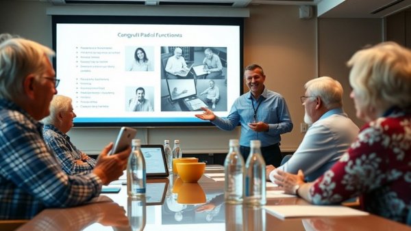 Kostenlose iPad-Schulungen für Senioren, instructor presenting in classroom.