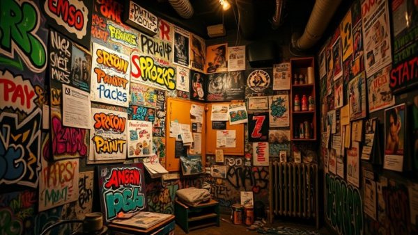 Graffiti in AJH Bargteheide room with posters, graffiti on walls.