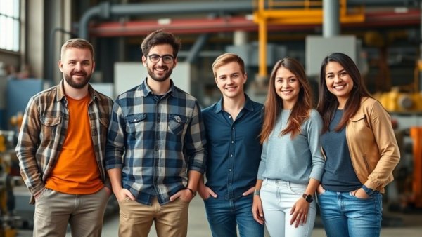 Casual group portrait with industrial machinery, Gorilla Catering in Glinde.