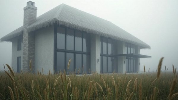 Modern house on Sylt designed by Hadi Teherani with thatched roof, foggy setting.