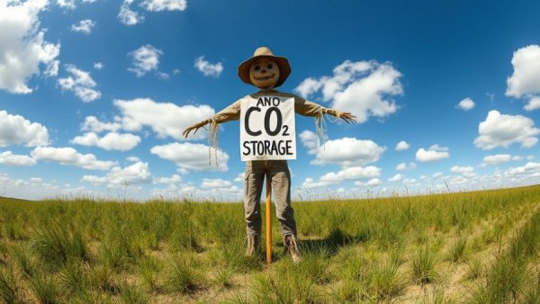 Protest scarecrow against CO2 storage in grassy field under blue sky.