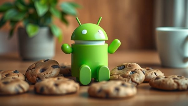 Android robot with cookies on a table, illustrating Anti-Virus-Tools schützen vor Spionage-Apps.