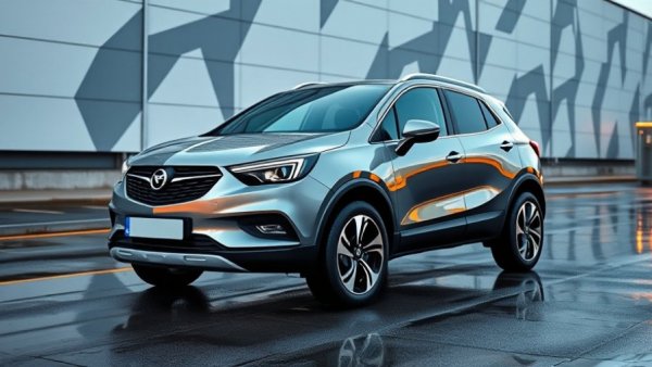 Opel Mokka GSE E-Auto, parked in a futuristic urban setting, dynamic reflections