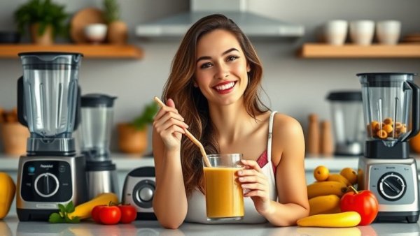 Woman with the best high-performance blender 2025 lineup in a kitchen.