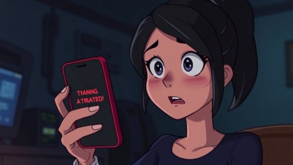 Illustration of stalkerware detection issue with woman receiving threatening phone message.